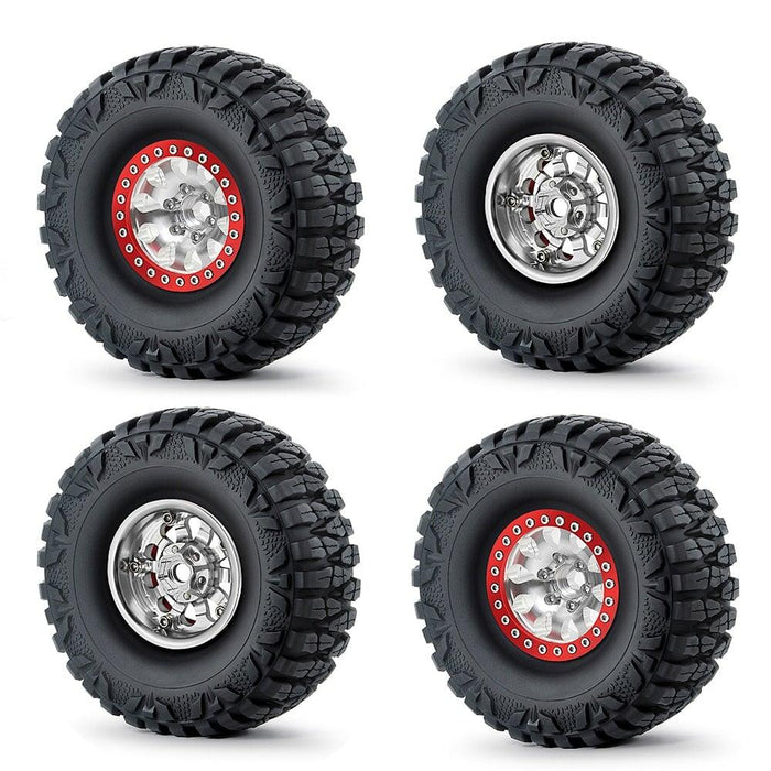 1.9" Beadlock Wheel Rims Tires for 1/10 Crawler (Aluminium+Rubber) Band en/of Velg Yeahrun Silver Red Set 