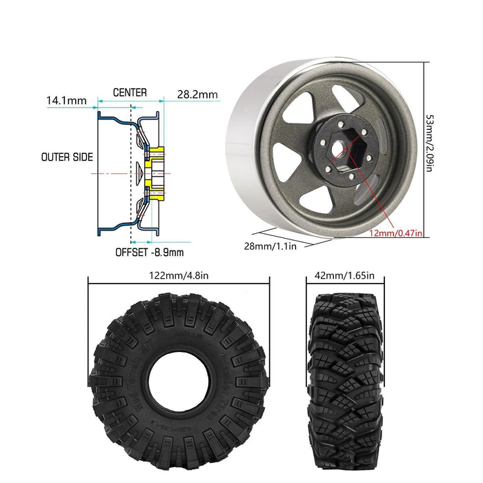 4PCS 1.9" 122x42mm 1/10 Crawler Wheel Set (Metaal+Rubber) - upgraderc