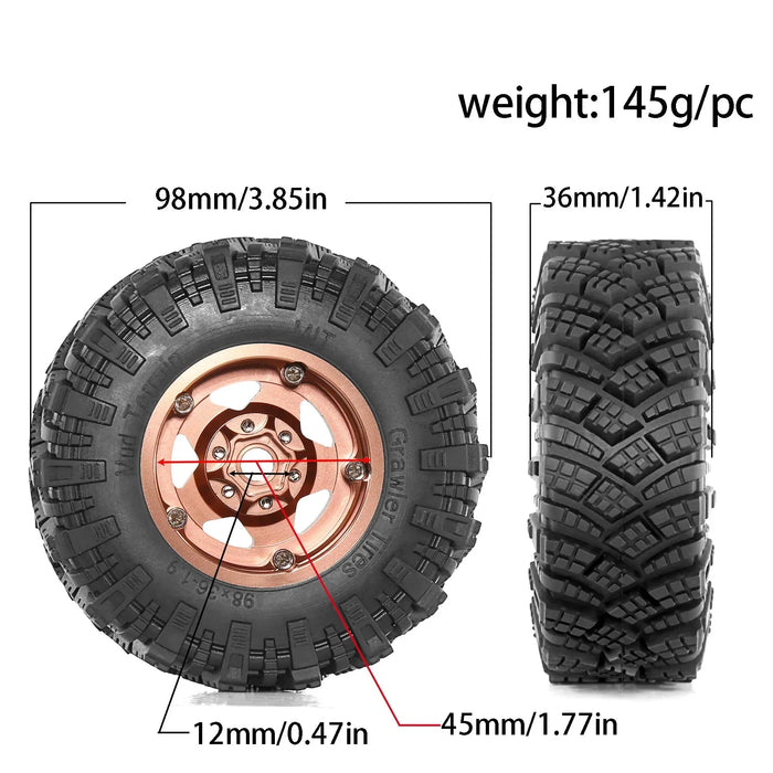 4PCS 1.9" 98x36mm 1/10 Crawler Beadlock Wheels Set (Metal, Rubber)