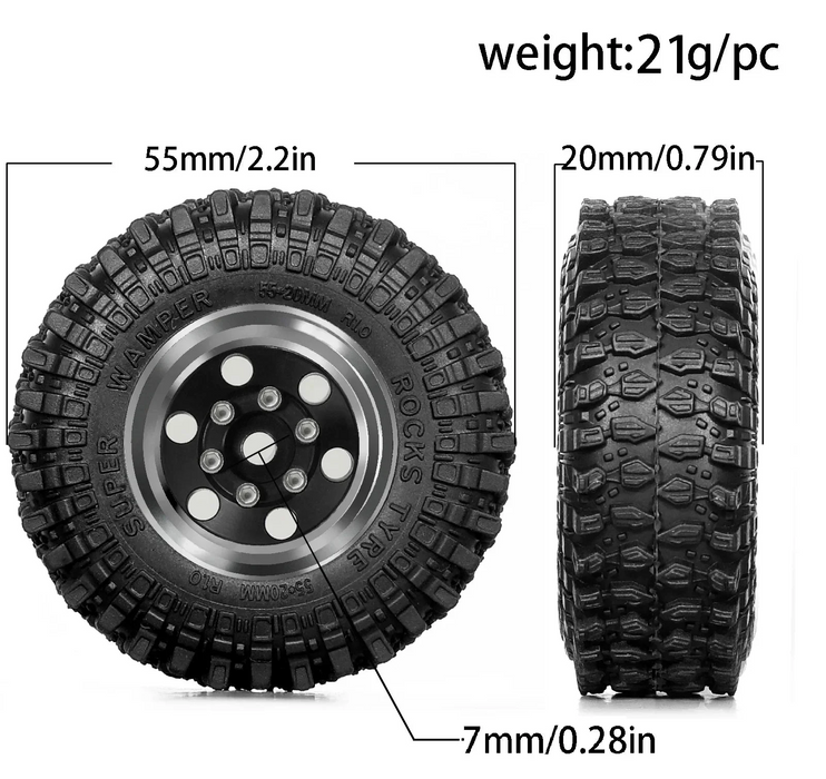 4PCS 1.0" 55x20mm 1/18 1/24 Crawler Beadlock Wheels Set (Metal, Rubber)