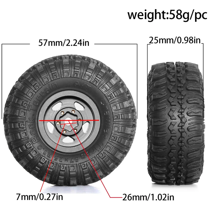 4PCS 1.0" 57x25mm 1/18 1/24 Crawler Beadlock Wheels Set (Metal, Rubber)