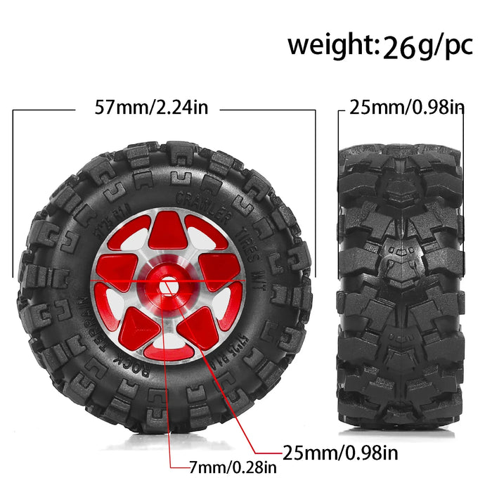 4PCS 1.0" 57x25mm 1/18 1/24 Crawler Wheels Set (Metal, Rubber)