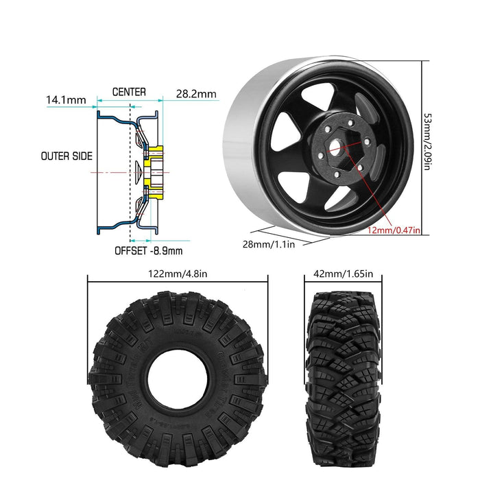 INJORA -8.9mm Offset 1.9" 53x28mm S5 Beadlock 1/10 Crawler Wheels Set