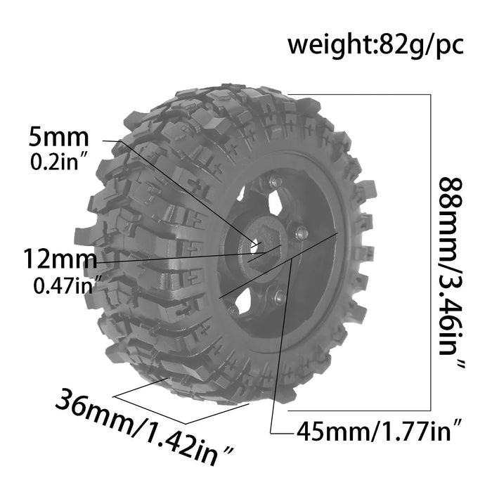 4PCS 1.9" 88x36mm 1/12 1/10 Crawler Beadlock Wheels Set (Plastic, Rubber)