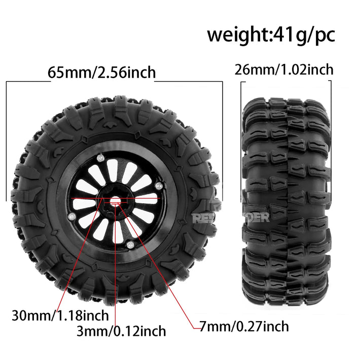 4PCS 1.3" 65x26mm 1/18 1/24 Crawler Wheels Mud Tires (Metal, Rubber)