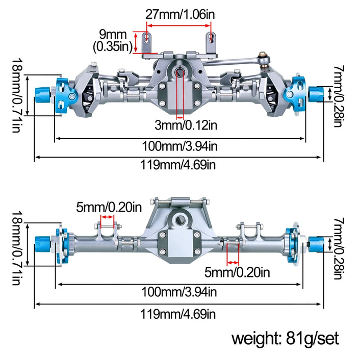 Straight Axle Set w/ Hydraulic Steering Link for Axial SCX24 1/24 (Alu)