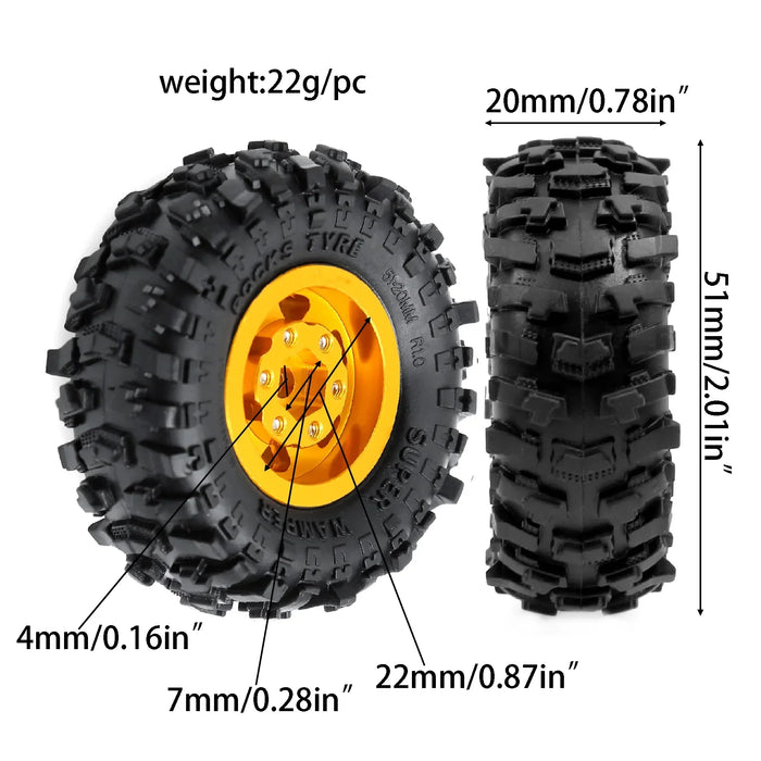 4PCS 1.0" 51x20mm 1/18 1/24 Crawler Beadlock Wheels Set (Metal, Rubber)