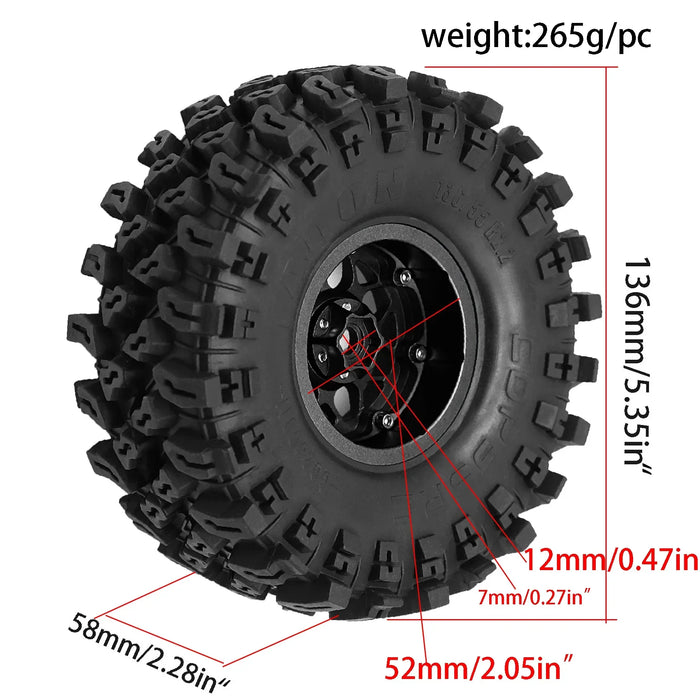 4PCS 2.2" 136x58mm 1/8 1/10 Crawler Beadlock Wheels Set (Metal, Rubber)