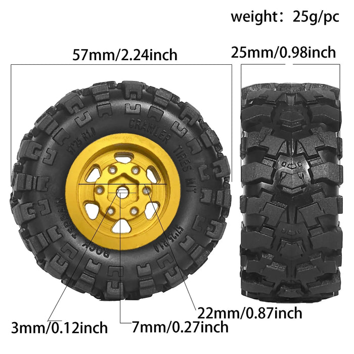 4PCS 1.0" 57x25mm 1/18 1/24 Crawler Beadlock Wheels Set (Metal, Rubber)