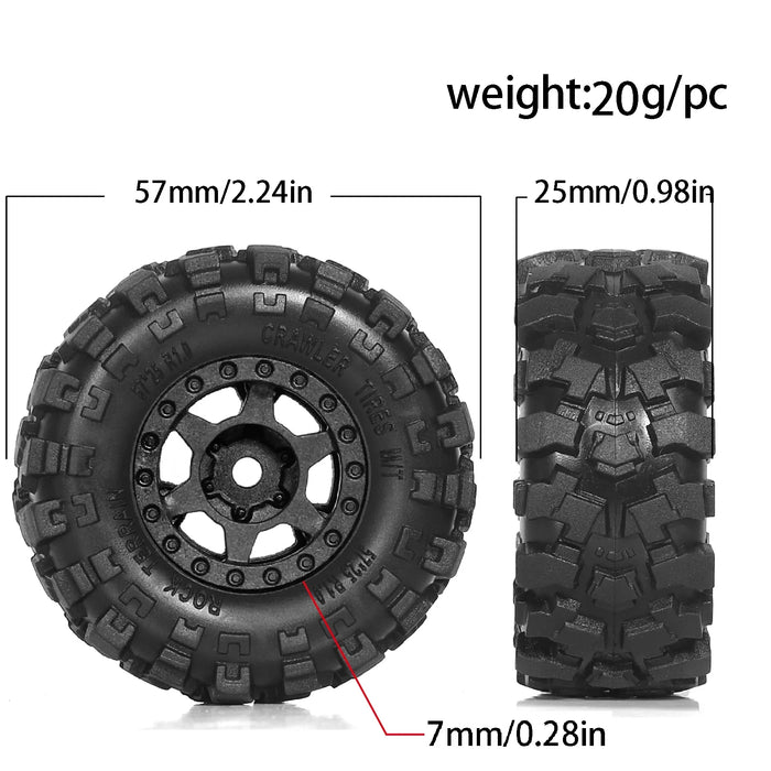 4PCS 1.0" 57x25mm 1/18 1/24 Crawler Beadlock Wheels Set (Plastic, Rubber)