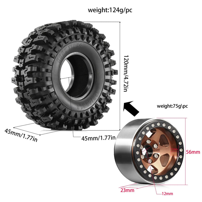4PCS 1.9" 120x45mm 1/10 Crawler Beadlock Wheels Set (Metal, Rubber)