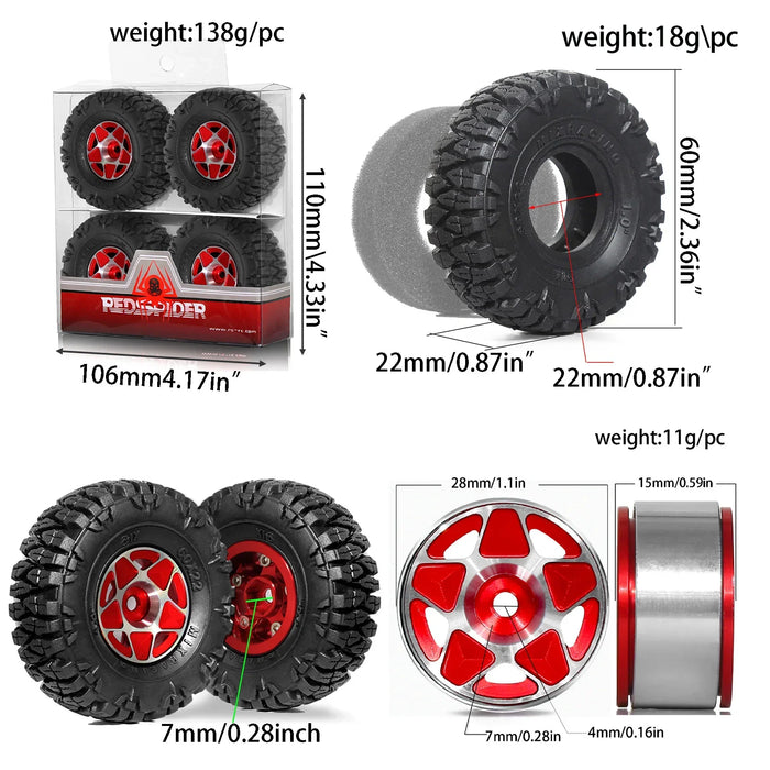 4PCS 1.0" 60x22mm 1/24 1/18 Crawler Beadlock Wheels Set (Metal, Rubber)