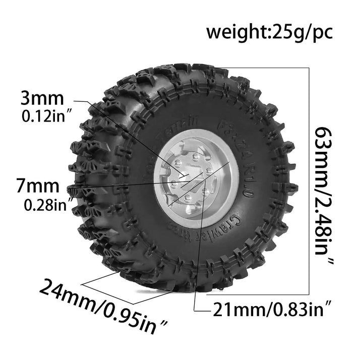 4PCS 1.0" 63x24mm 1/18 Crawler Beadlock Wheels Set (Metal, Rubber)