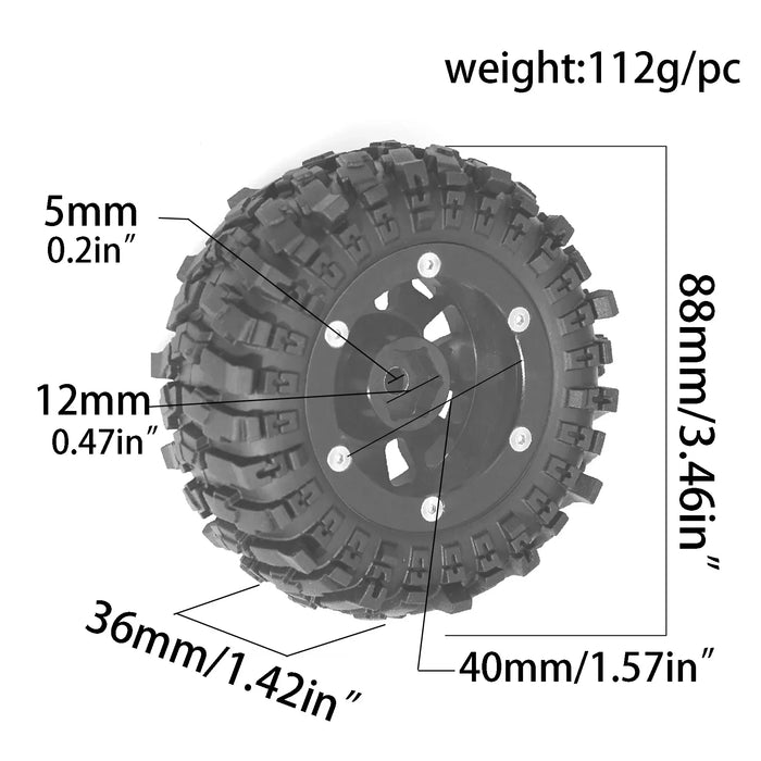 4PCS 1.9" 88x36mm 1/12 Crawler Beadlock Wheels Set (Metal, Rubber)