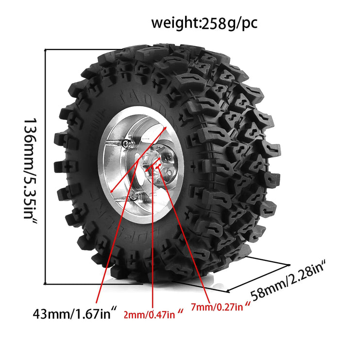 4PCS 2.2" 136x58mm 1/10 Crawler Beadlock Wheels Set (Metaal, Rubber)