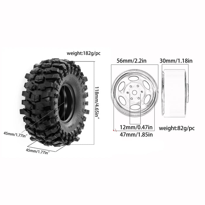 4PCS 1.9" 118x45mm 1/10 Crawler Beadlock Wheels Set (Metaal, Rubber)