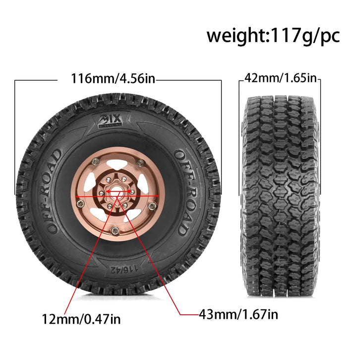 4PCS 1.9" 116x42mm 1/10 Crawler Beadlock Wheels Set (Metal, Rubber)