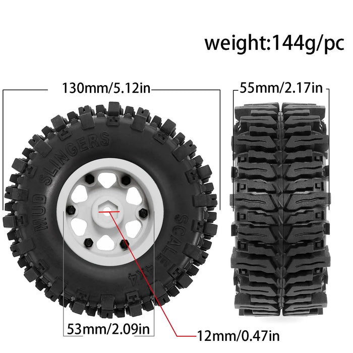 4PCS 2.2" 130x55mm 1/8 1/10 Crawler Beadlock Wheels Set (Plastic, Rubber)