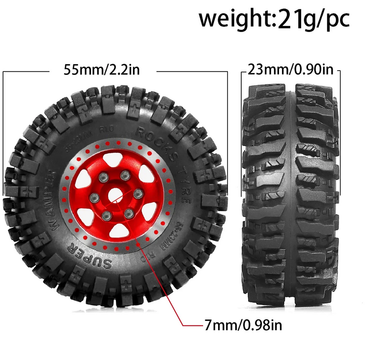 4PCS 1.0" 55x23mm 1/24 1/18 Crawler Beadlock Wheels Set (Metal, Rubber)