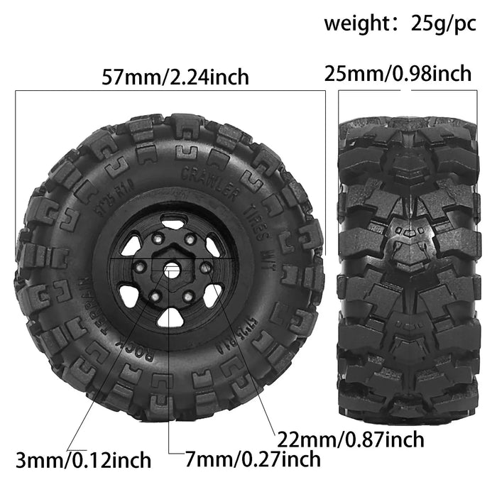 4PCS 1.0" 57x25mm 1/18 1/24 Crawler Beadlock Wheels Set (Metal, Rubber)
