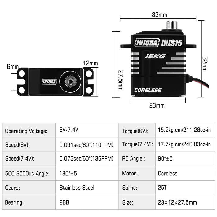 INJORA INJS15 15KG Waterproof Coreless High Torque Servo w/ Mount & Horn 1/18