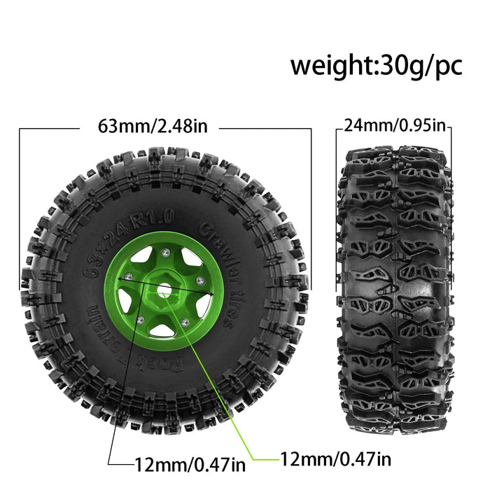 4PCS 1.3" 63x24mm 1/18 1/24 Crawler Beadlock Wheels Set (Metal, Rubber)