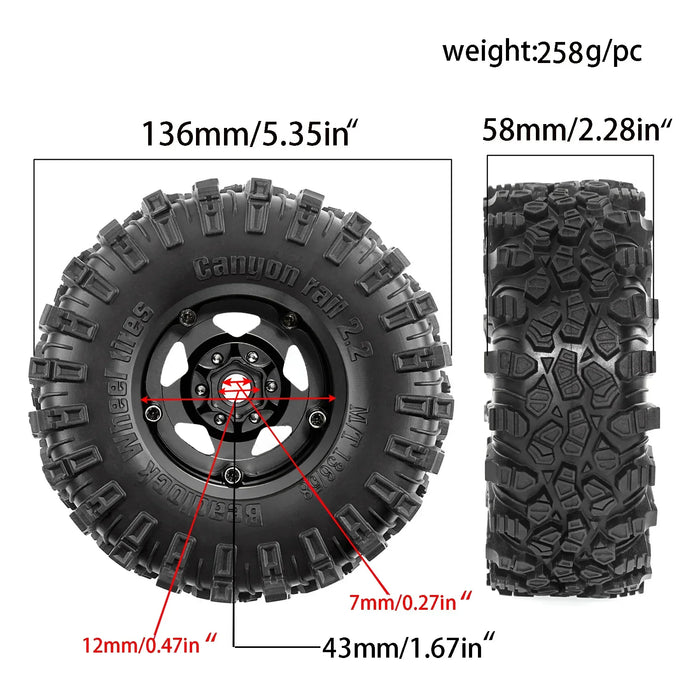 4PCS 2.2" 136x58mm 1/10 Crawler Beadlock Wheels Set (Metal, Rubber)