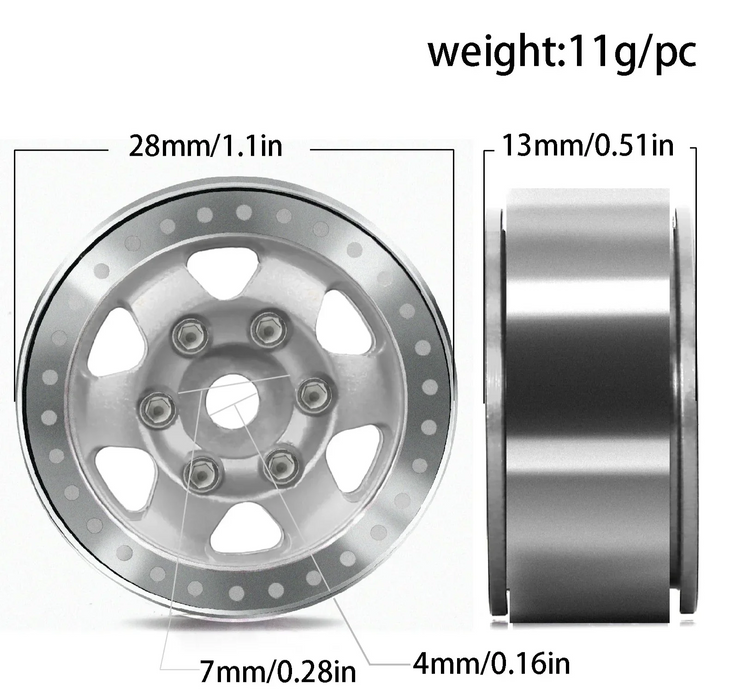 4PCS 1.0" 28x13mm 1/18 1/24 Crawler Beadlock Wheels Set (Metal)