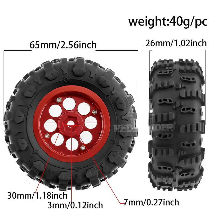 4PCS 1.3" 65x26mm 1/18 1/24 Crawler Wheels Mud Tires (Metal, Rubber)