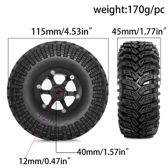 4PCS 1.9" 115x45mm 1/10 Crawler Beadlock Wheels Set (Metal, Rubber)