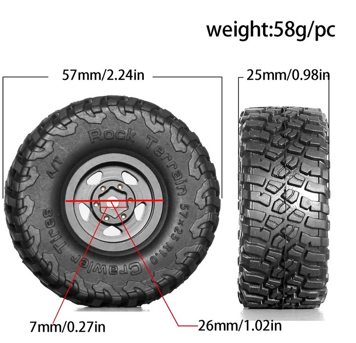 4PCS 1.0" 57x25mm 1/18 1/24 Crawler Beadlock Wheels Set (Metal, Rubber)