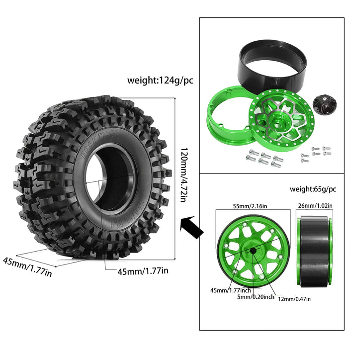 4PCS 1.9" 120x45mm 1/10 Crawler Wheels Set (Metaal, Rubber)