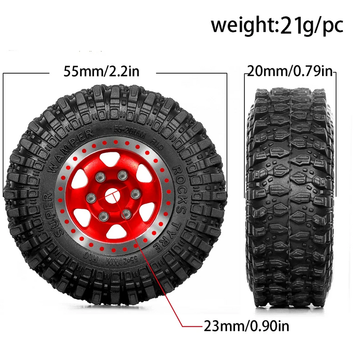 4PCS 1.0" 55x20mm 1/18 1/24 Crawler Beadlock Wheels Set (Metal, Rubber)