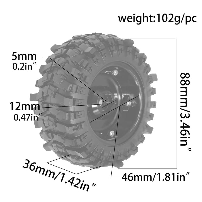 4PCS 1.9" 88x36mm 1/10 Crawler Beadlock Wheels Set (Metaal, Rubber)