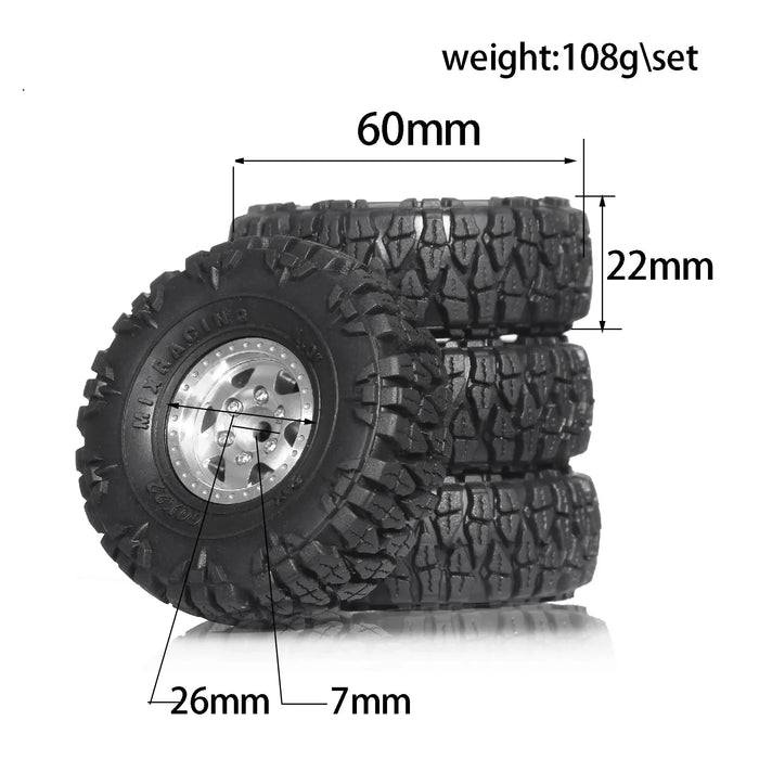 4PCS 1.0" 60x22mm 1/18 1/24 Crawler Beadlock Wheels Set (Metal, Rubber)