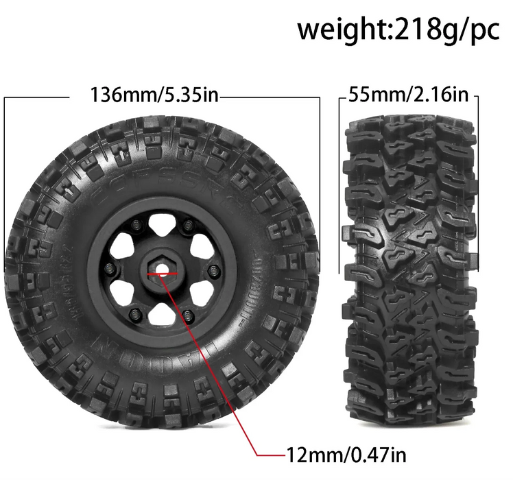 Ensemble de 4 roues beadlock 2,2" 136x58mm pour crawler 1/10 (plastique, caoutchouc)