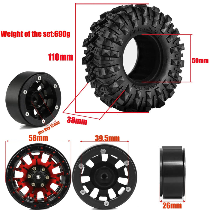 4PCS 1.9" 110x38mm 1/10 Crawler Beadlock Wheels Set (Metaal, Rubber)