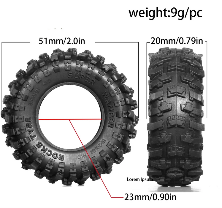 4PCS 1.0" 51x20mm 1/18 1/24 Crawler Tires (Rubber)