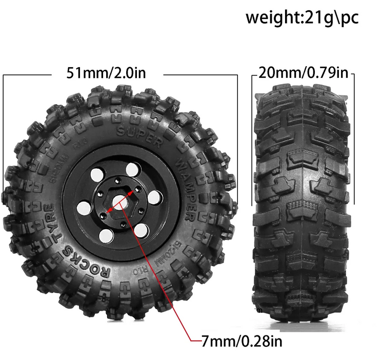 4PCS 1.0" 51x20mm 1/24 1/18 Crawler Beadlock Wheels Set (Metal, Rubber)