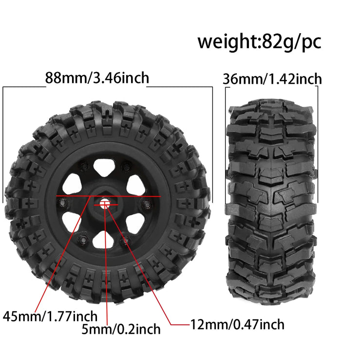 4PCS 1.9" 88x36mm 1/12 Crawler Wheels Set (Plastic, Rubber)