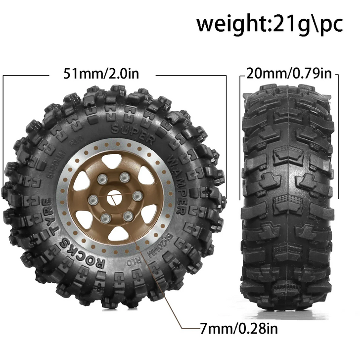 4PCS 1.0" 51x20mm 1/18 1/24 Crawler Beadlock Wheels Set (Metal, Rubber)