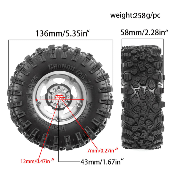 4PCS 2.2" 136x58mm 1/8 1/10 Crawler Beadlock Wheels Set (Metaal, Rubber)