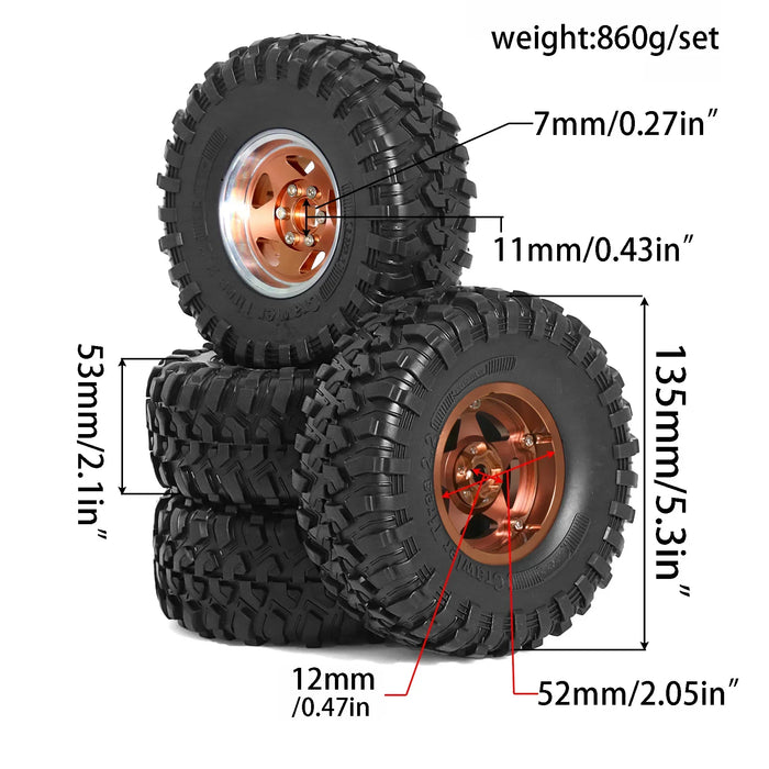 4PCS 2.2" 135x53mm 1/8 1/10 Crawler Beadlock Wheels Set (Metal, Rubber)