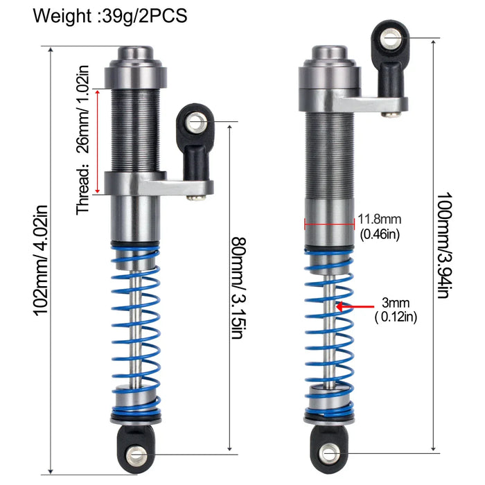 2PCS Fimonda 80-100mm 1/10 Shock Absorber, Adjustable Oil Filled