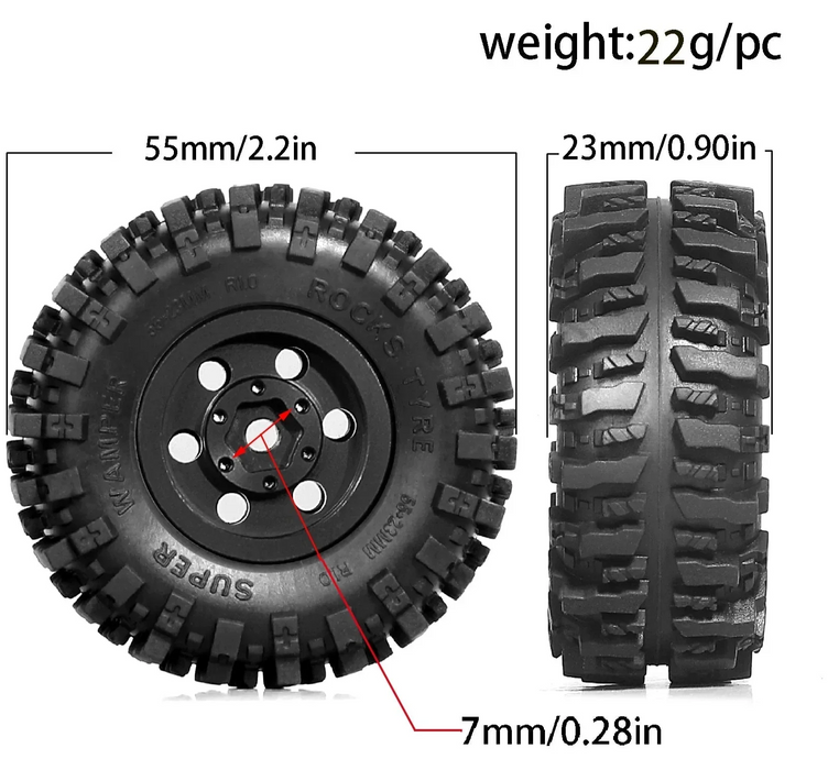 4PCS 1.0" 55x23mm 1/18 1/24 Crawler Beadlock Wheels Set (Metal, Rubber)