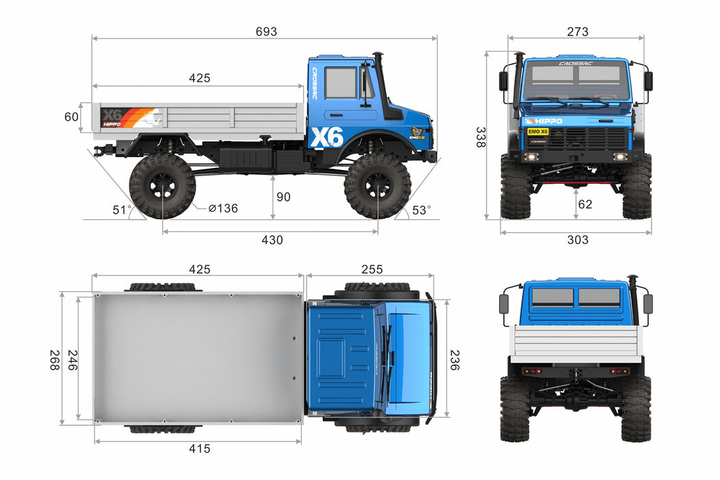 Cross RC EMO X6 Hippo 1/8 Camion Crawler Brushless PNP (Bleu)