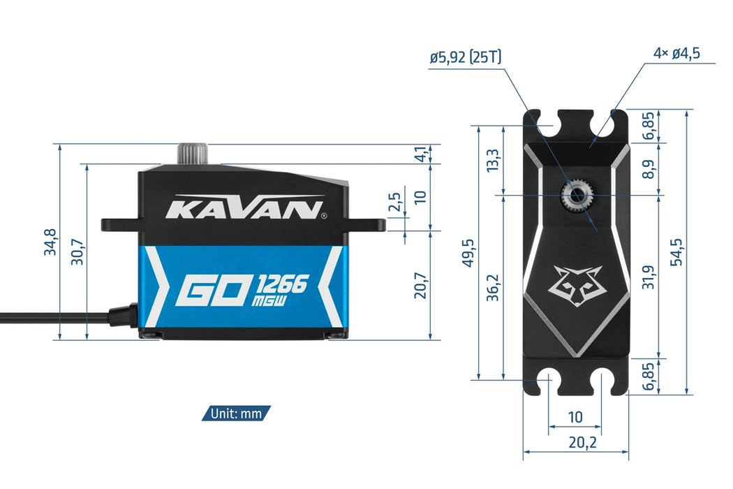 Kavan GO-1266MGW 60kg.cm, 0.100s/60° High-Torque Programmable Digital HV Brushless Low-Profile Waterproof Servo