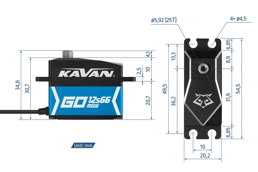 Kavan GO-12S66MGW 33kg.cm, 0.068s/60° Waterproof High-Torque/Speed Programmable Digital Low-Profile Brushless Servo