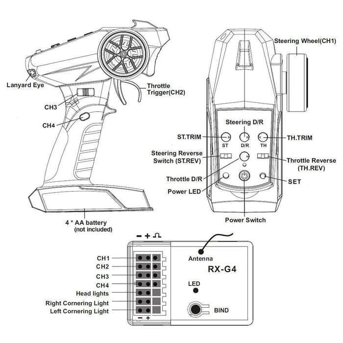 T-6819A 2.4G 4CH Transmitter Receiver Set w/ Light Control - upgraderc