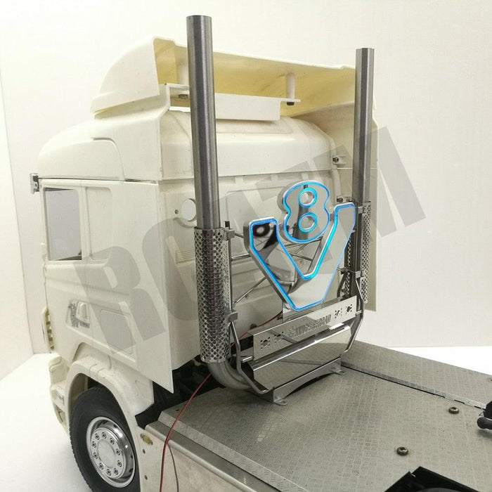 V8 LED Double Exhaust Chimney for Tamiya Truck 1/14 (Metaal) Onderdeel RCATM 